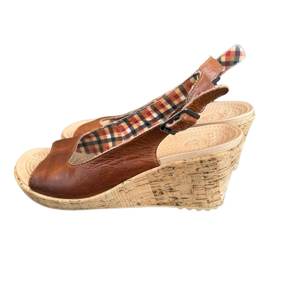 CROCS Tan Leather‎ Leigh CORK HEEL Wedge SANDALS Ankle Strap WOMEN 9